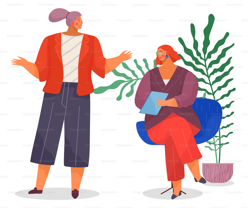 Office concept business people vector illustration workplace. Emotional woman manager makes surprised gesture with her hands talking to chief. Lady boss sitting on the chair holding report document