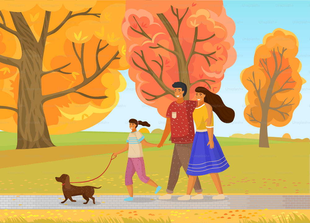 Family of three walks in fall park with dog. Mom in blue skirt, girl holds leash, dad hugs wife. Yellow autumn landscape, scenic area. City part, picturesque area. Spend time with family. Flat image