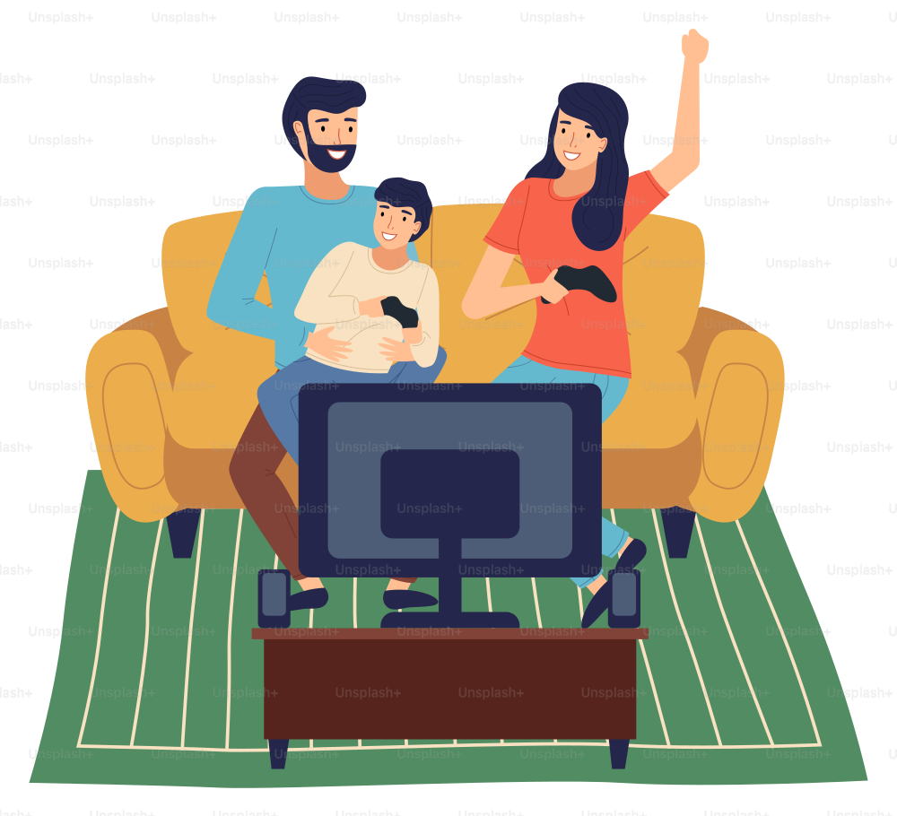 Happy family spend time at home. Little boy with joystick relaxing playing video games with dad and mom sit at sofa. Indoors activity, hobby, recreation. Leisure time at home, isolated characters