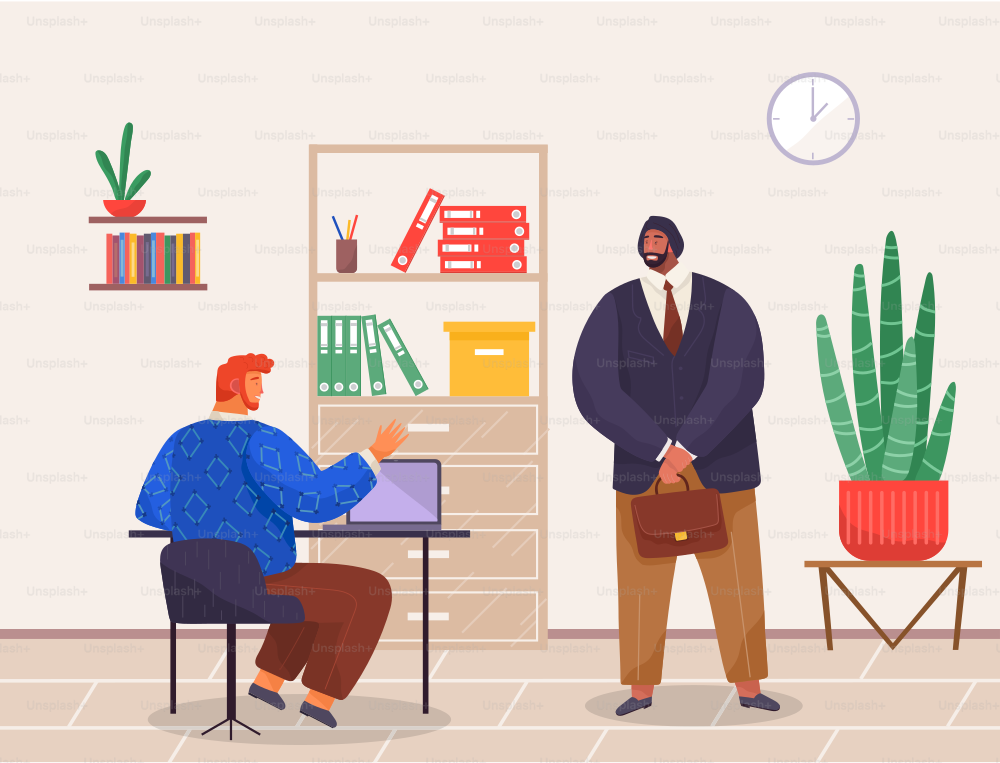 Office workers. Red-haired man, back view, wears blue sweater, sits at table with laptop, talks to black-haired bearded man in strict suit with briefcase. Bookcase, folders, clock, shelf, potted plant