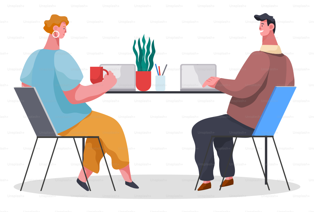 Teamwork, workers at coffee break, woman with cup, man with laptop sitting at table and talking, colleagues discussing work, strategy, people working, partners, project managers, businesspeople
