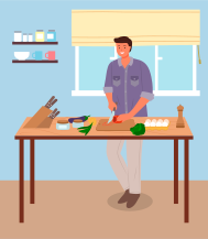 Giovane che cucina l'insalata in cucina. Attività domestiche, faccende domestiche, compiti quotidiani e faccende domestiche. Un uomo in una stanza in cucina sta vicino al tavolo e taglia le verdure con un'illustrazione vettoriale con un coltello