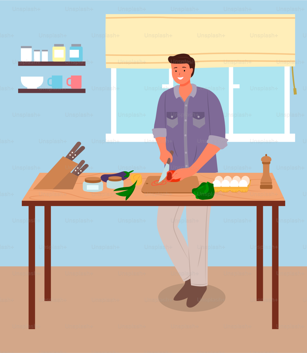 Young man cooking salad in the kitchen. Household activity, housekeeping, everyday duties and chores. Man in a kitchen room stands near the table and cuts vegetables with a knife vector illustration