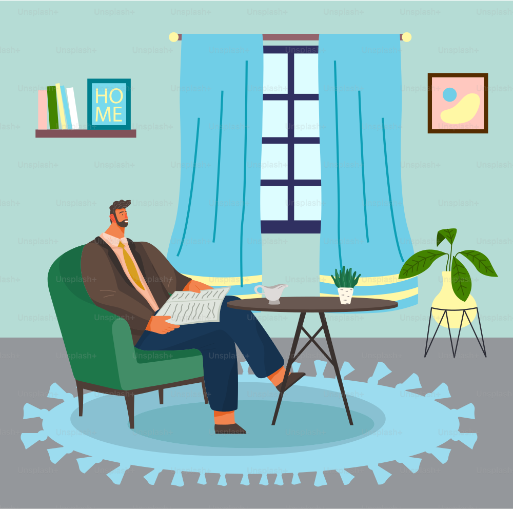 Bearded man sitting on armchair at home reading a newspaper. Flat style male character at a table with coffee vector illustration. Spending time at home, relaxing after work, reading, drinking tea