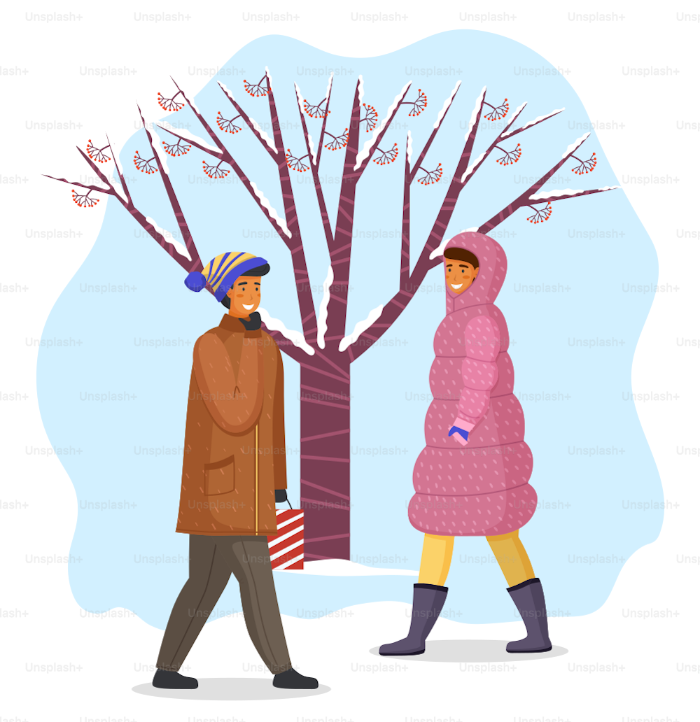 Donna e uomo in cappotto caldo che camminano all'aperto nell'illustrazione vettoriale del tempo freddo. Persone sorridenti felici camminano nella neve sulla strada oltre l'albero innevato con grappoli di bacche rosse sul paesaggio invernale