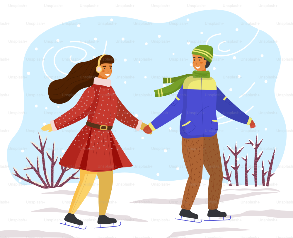 Couple skating together in winter holding hands looking at one another, snow-covered bushes, snowy wind, young people spend time together outdoors, activity or hobby at nature, friends leisure