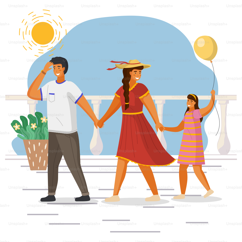 Man in white t-shirt, woman in red dress and wide-brimmed hat leads the girl s hand with balloon. Sea embankment, sea, ocean, bright sun, clear sky. Boat trip, summer resort relaxation. Hot weather
