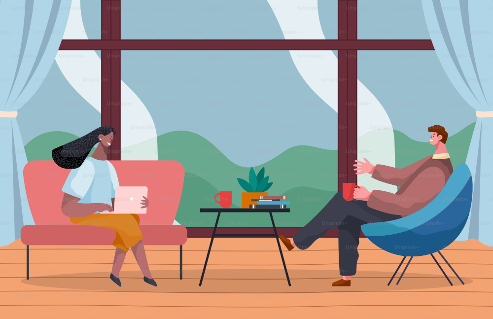 Girl with laptop sits in red arm chair, man in blue arm chair holds cup of coffee, books and potted plant on round coffee table. Panoramic window with curtains. Get-togethers at home or cafe