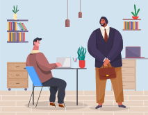 Office space, cooperation, business meeting, contract, agreement. Man sits at table with laptop and typing. Man in formal suit standing with briefcase. . Table, chair, shelf, laptop, ceiling lighting