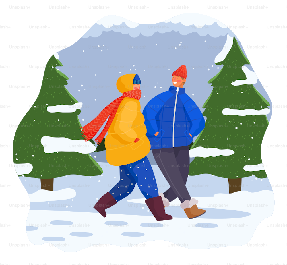 Winter, couple of happy girl and guy wearing warm clothes jacket and hat, young adult people walking in forest among snow-covered fir-trees, outdoors activity, happy smiling in love man and woman