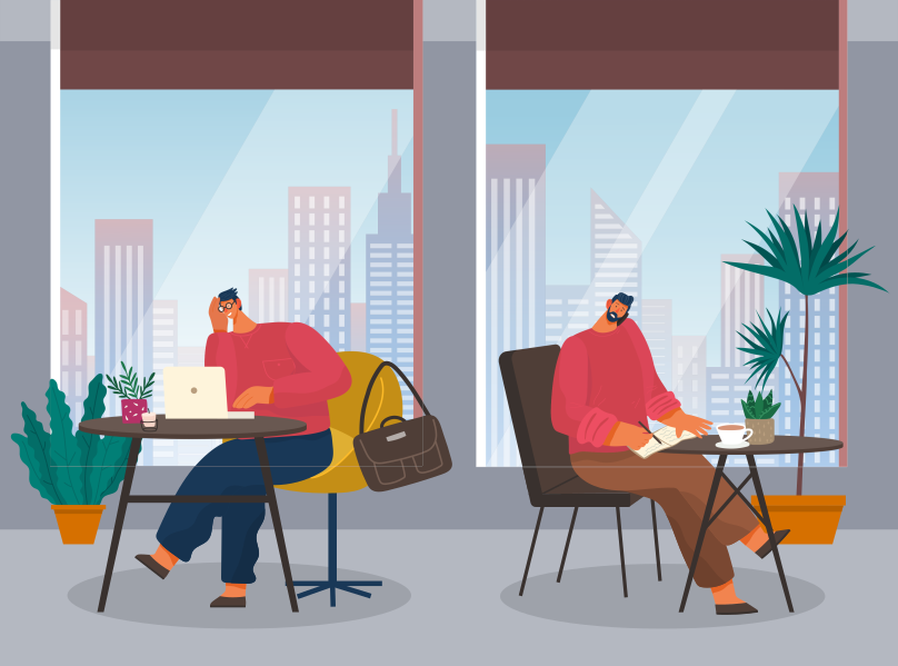 Dos encargados de oficina sentados en mesas. Chico joven con gafas trabajando en el portátil, bolsa en la silla. Hombre ocupado hablando por teléfono, tomando notas, pausa para el café. Elegante cafetería en el centro de negocios con grandes ventanales