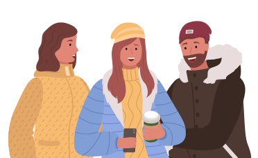 Two women and man standing together. Friends smile and talk with each other. People dressed in warm clothes, winter weather. Adults isolated on white background. Vector illustration of meeting in flat