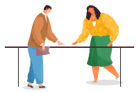 Das Büropersonal diskutiert und zeigt auf den Bürotisch. Mann in leichter Jacke und blauer Hose hält ein Klemmbrett, langhaarige Frau trägt Schmuck, helle gelbe Bluse, grünen Rock. Mitarbeiter im Arbeitsprozess