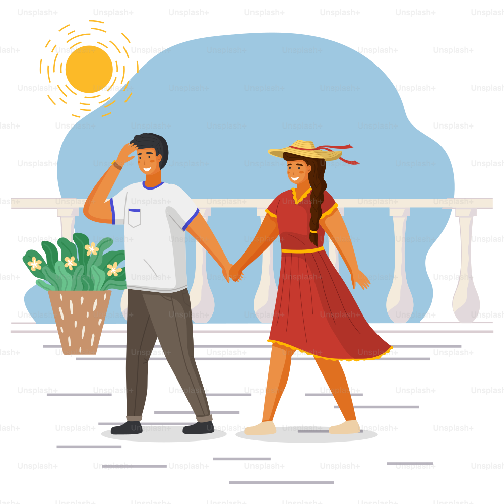 Couple walking together on the white seafront. Young guy and girl wearing a light dress and a straw hat holding hands walking sunny day. Man and woman meeting in summer vacation at the resort
