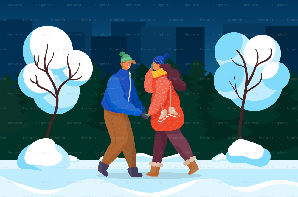 Couple walking in evening park in winter. Man and woman holding hands. Cold weather in town, cityscape with skyscrapers and buildings. Romantic pair in love spending time together, vector in flat