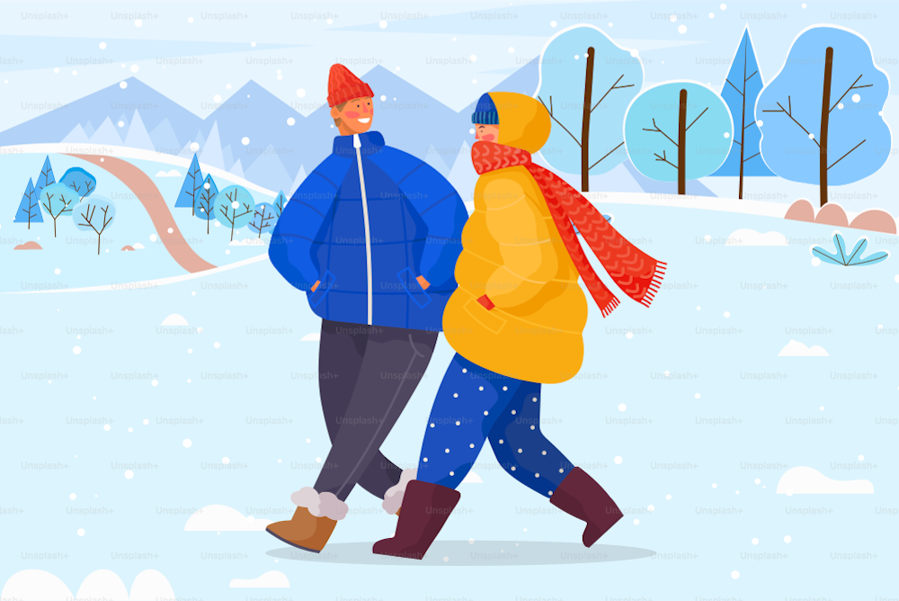 Man and woman walking and talking in park. Friends strolling on snowy ground in lawn or forest. People in warm clothes like hat and scarf, overcoat and boots. Vector illustration in flat style