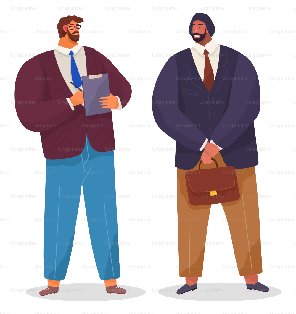 Bisinessmen meeting, partners are talking, two bearded serious men holding briefcase and clipboard. Business people communicating standing on white. Smiling friendly colleagues wearing formally