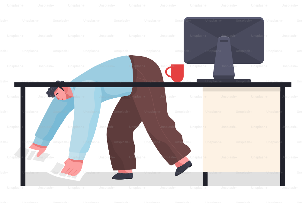 Office worker, cartoon man dropped documents on the floor. Desktop, monoblock, red cup of coffee. Chaos in office. Deadline. The man is nervous, collecting documents from floor. Flat vector image