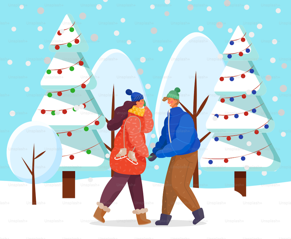 Man and woman hold each other hands. Couple on romantic date. People stroll in snowy forest among decorated fir trees. Festive spruces in park or lawn. Vector illustration of dating in flat style