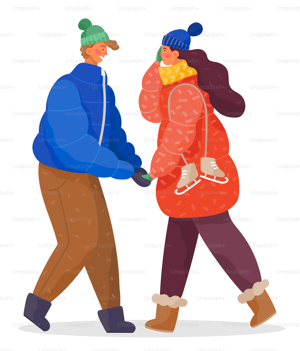 People walking in winter cold weather. Teen couple of friends talking. Man and woman go for skating, lady hold skate footwear. Teenagers dressed in warm clothes. Vector illustration of people in warm