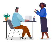 Office staff, work and communication. Head and subordinates. Various workers, managers team. Business employees on their workspace. Office workers. Co-workers. Colleagues discuss project teamwork