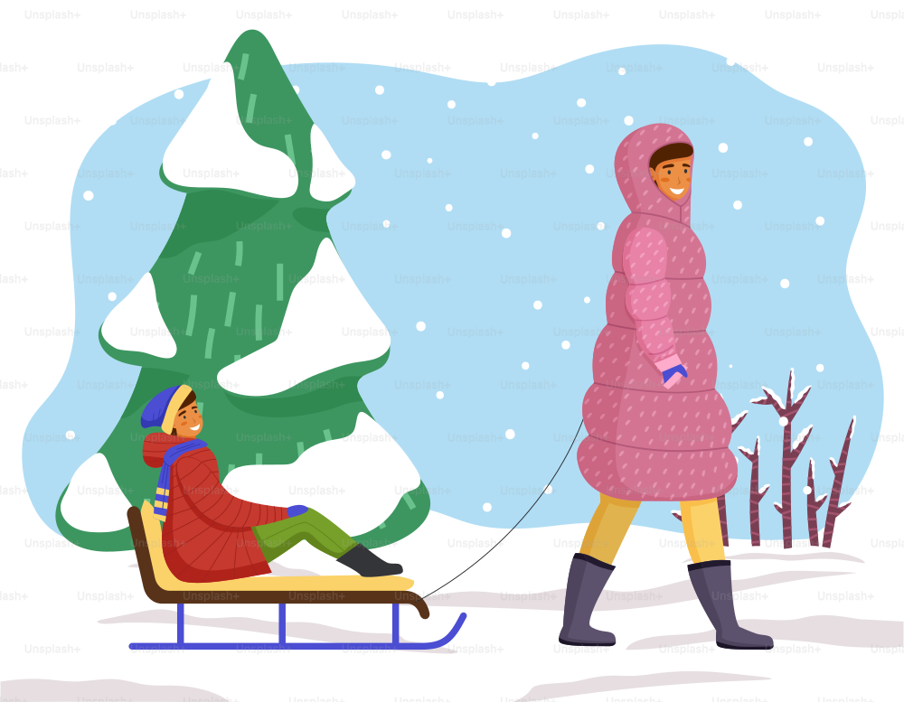 Mother and daughter on a winter walk. Woman sledding a child. Family members walking together in cold weather outdoor, happy joint weekend, mom with girl ride on sleigh have fun in a snowy spruce park
