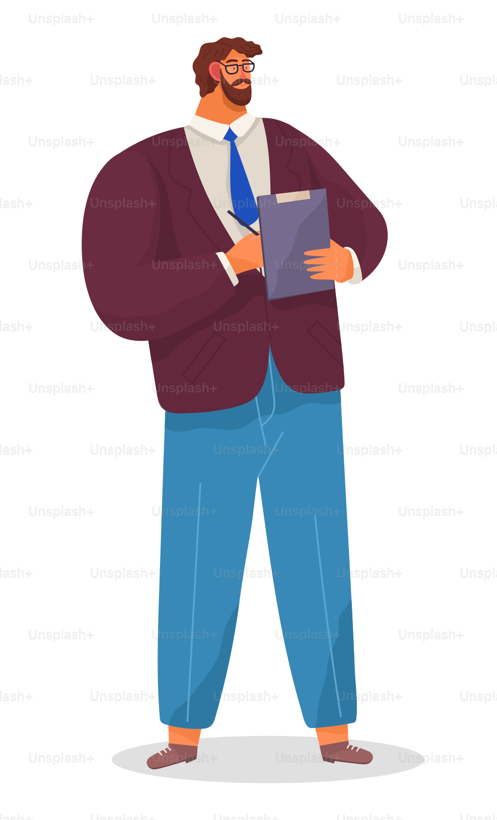 Serious man, chief, bearded businessman dressed formally standing at full height with a clip board in hand on white. Businessperson director, male character in formal clothes office worker or boss