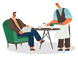 Barista oder Kellner bringen eine Tasse Kaffee für Männer. Geschäftsmann trinkt Mittagessen ein Getränk und liest Zeitungen. Der Typ sitzt auf dem Sessel am Tisch. Ein Ort zum Entspannen und Arbeiten in der Cafeteria. Vektorillustration