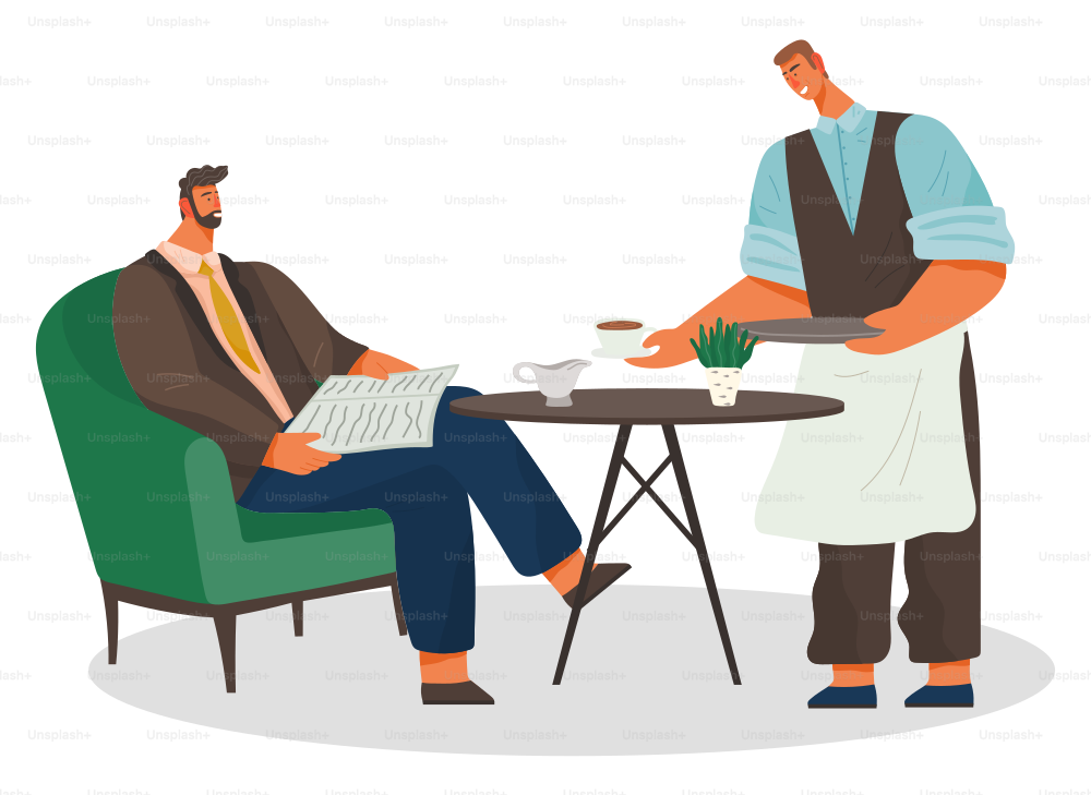 Barista or waiter bring cup with coffee for man. Businessman drinking beverage on lunch and reading newspaper. Guy sit on armchair by table. Place for relax and work in cafeteria. Vector illustration