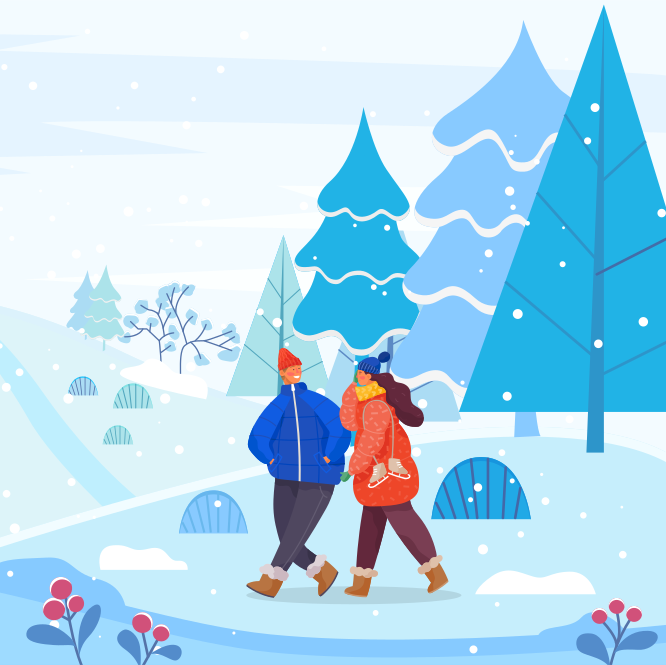 Man and woman in warm clothes walking in winter snowy forest. Couple on romantic date or friends on meeting. People stroll on pathway in wood among fir trees. Vector illustration in flat style