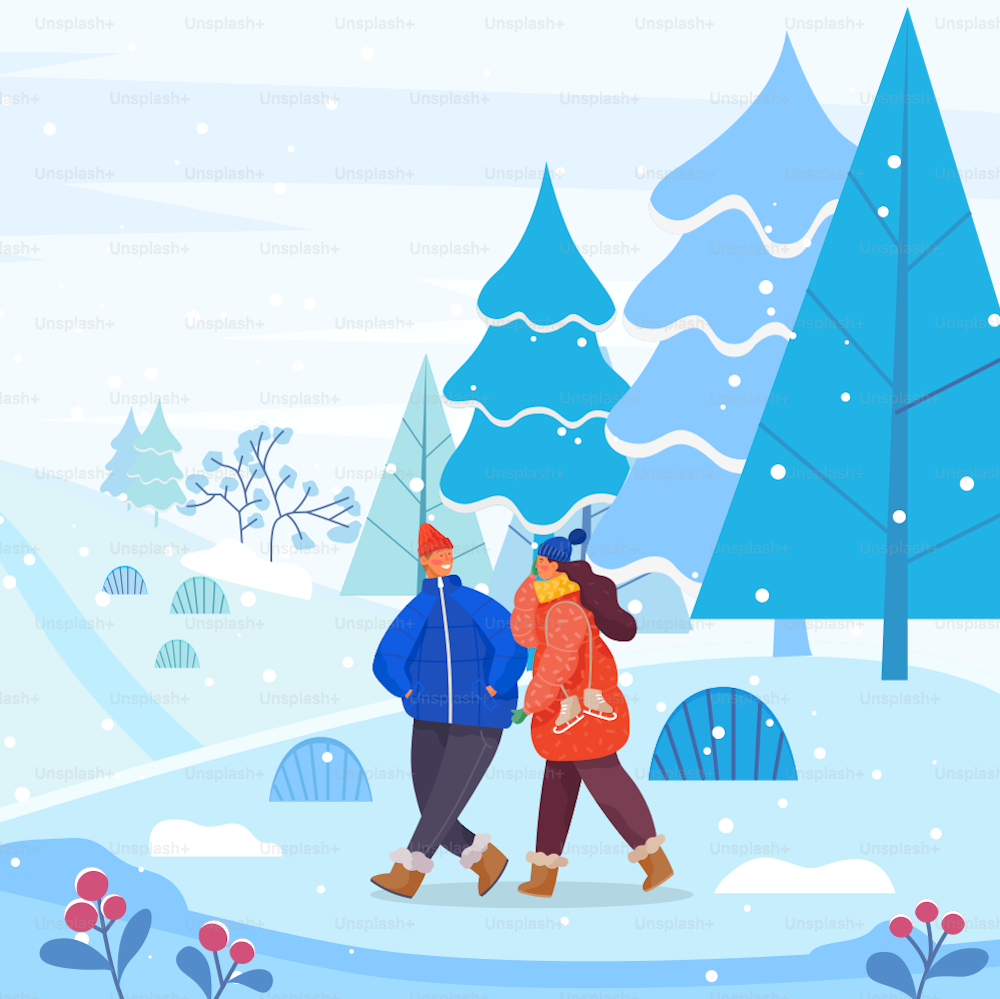 Man and woman in warm clothes walking in winter snowy forest. Couple on romantic date or friends on meeting. People stroll on pathway in wood among fir trees. Vector illustration in flat style