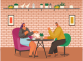 Two people eating out. Man and woman drinking coffee and talking with each other in cafe. Coffeehouse interior with houseplants. Place for date or meeting with friend in cafeteria vector illustration