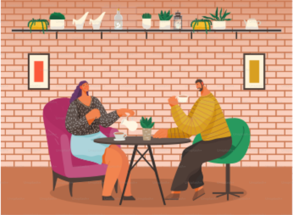 Two people eating out. Man and woman drinking coffee and talking with each other in cafe. Coffeehouse interior with houseplants. Place for date or meeting with friend in cafeteria vector illustration