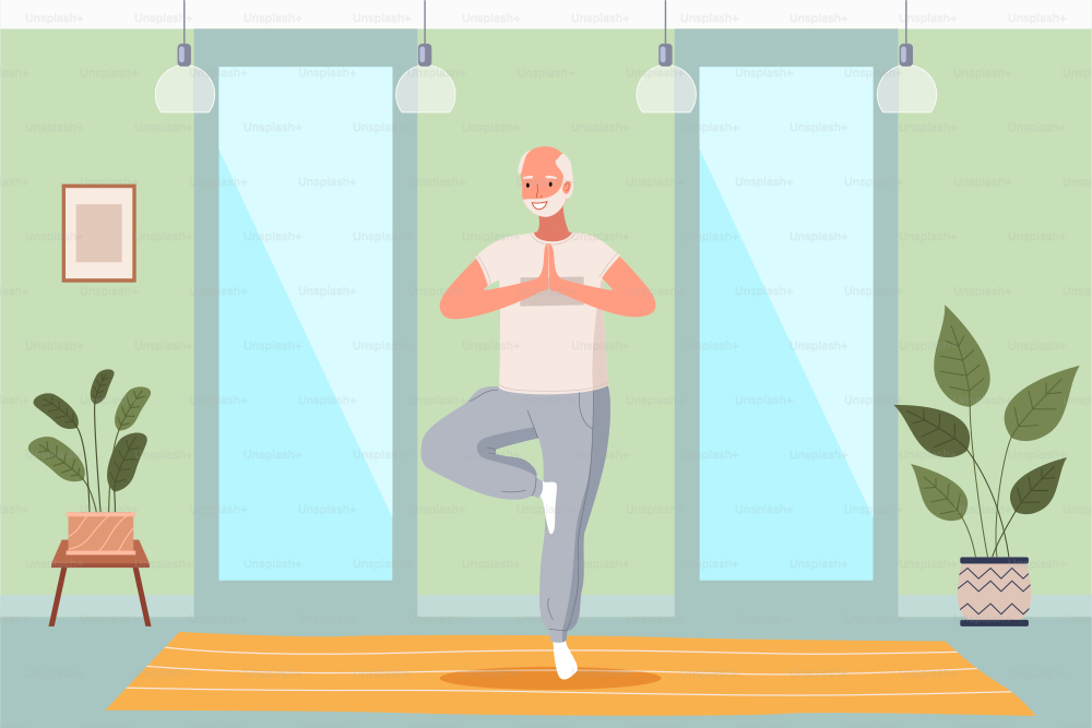 Man doing yoga on the carpet in cozy room. Elderly happy man standing in a tree pose. Male character taking care of his health, leads a healthy lifestyle, doing relaxation exercises, gets energy