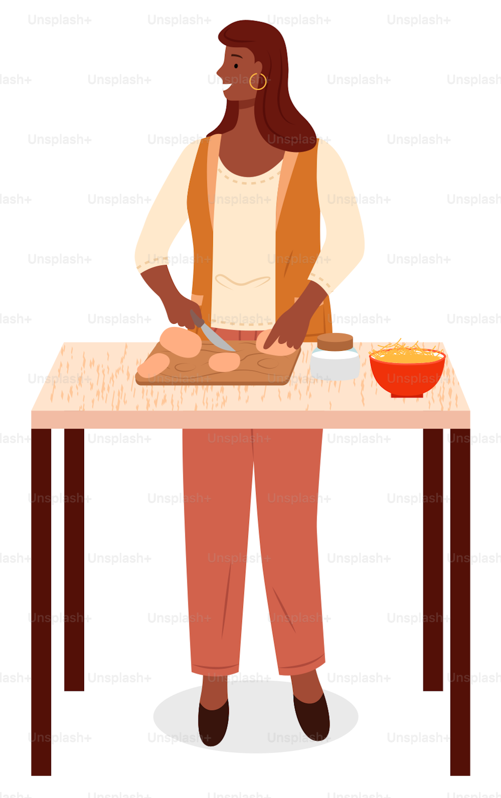 Frau steht am Tisch, Person allein in der Küche. Dame schneidet frisches Gemüse, Kartoffeln mit dem Messer. Küchenutensilien und Schüssel, Besteck und Produkte auf dem Schreibtisch. Vektordarstellung des Kochvorgangs in der Wohnung