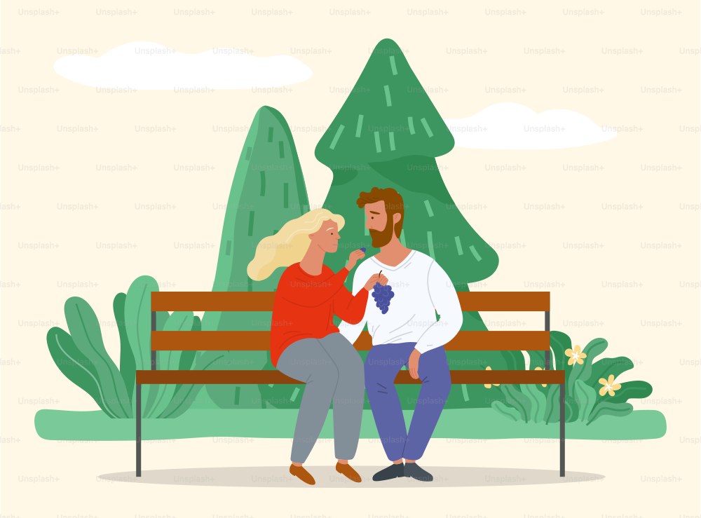 Happy man and woman characters sitting on bench and eating grapes in park. Dating of male and female couples in casual clothes tasting fruit near trees and spruce outdoor in summer time vector