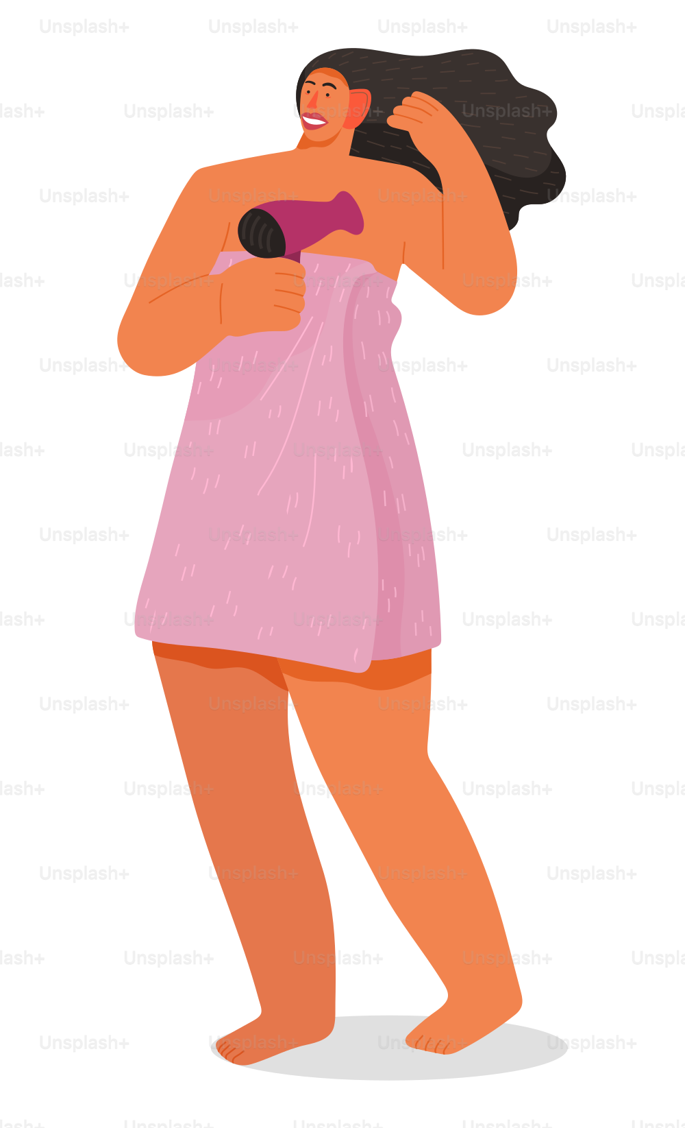 Young woman standing with hairdryer in hands in bathroom. Person dry her hair after shower. Lady dressed in pink towel on naked body. Adult isolated on white background. Vector illustration of hygiene