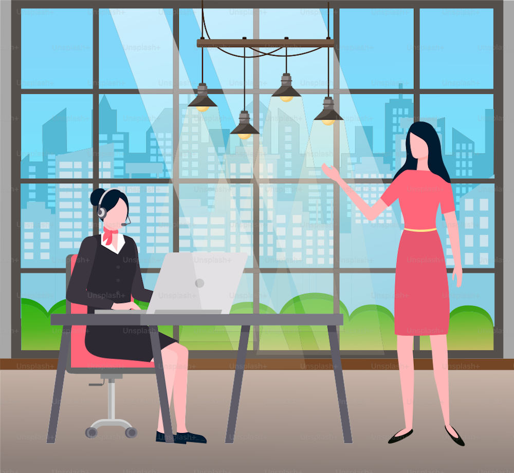 Woman working on laptop, wearing headset. Client talking to assistant to secretary looking at personal computer. Customer center or hotline manager. Person at work vector in flat style illustration