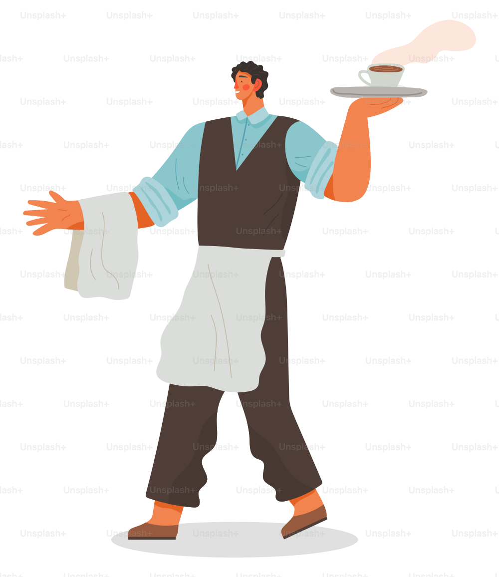 Waiter with apron and tray carrying order for clients. Server with cup of coffee. Male wearing special uniforms isolated character at work. Employee serving food and drinks vector in flat style