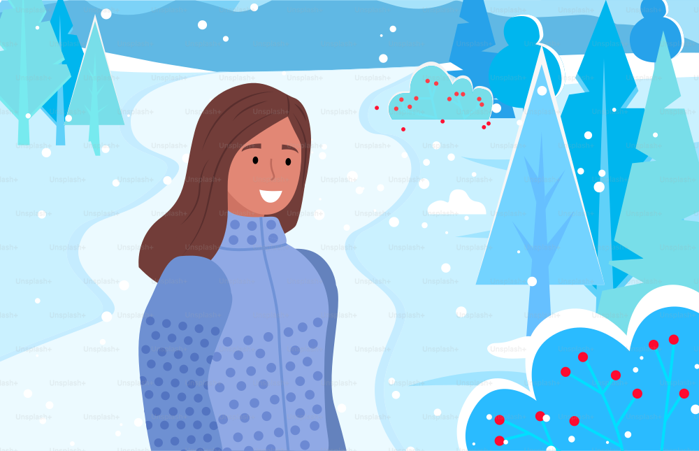 Pretty lady stand on pathway alone. Person smiling and posing in winter forest. Woman dressed in warm clothes. Beautiful landscape with snowy trees. Vector illustration of wintertime in flat style