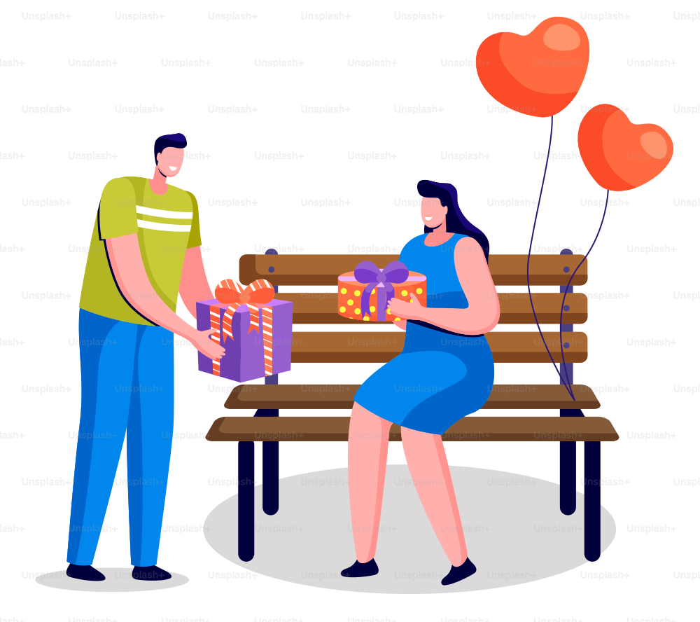 Romantic couple exchanging presents on anniversary. People celebrating St Valentines day together. Boyfriend and girlfriend with gifts in boxes. Lady sitting on bench with heart-shaped balloons vector