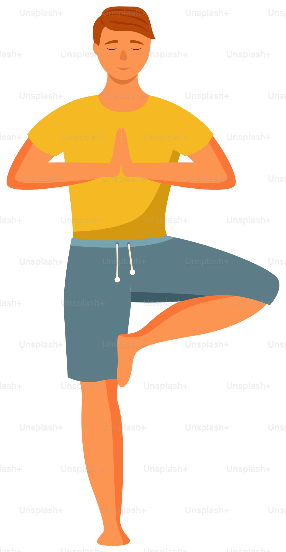 Man doing yoga isolated on white background. Young happy man standing in a tree pose. Male character taking care of his health, leads a healthy lifestyle, doing relaxation exercises, gets energy