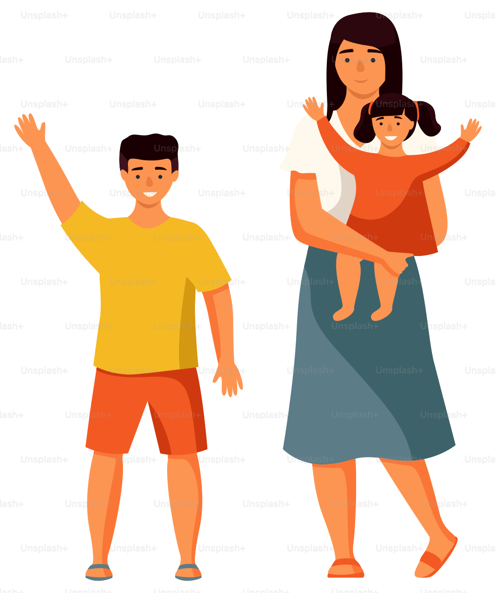 The mother stands with her children a small child in her arms and a boy. Mom and kids isolated on white background. The girl happily raises her hands. Woman is taking care of the baby flat vector