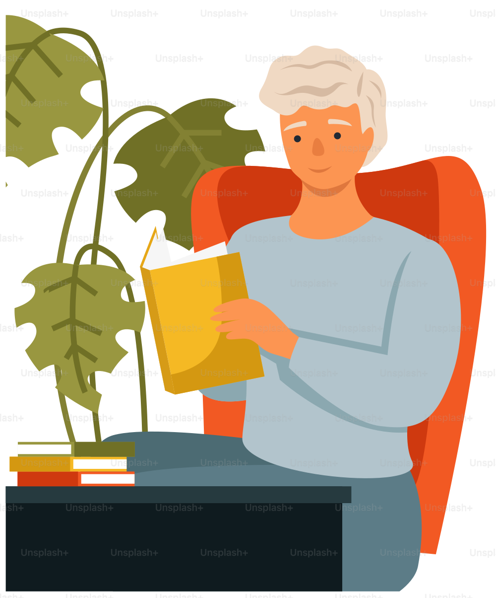 Man is reading book sitting at a table at home. Young guy sits in armchair isolated on white background. Male character resting at home. Person stays at home, daily life routine, hobby time relaxing