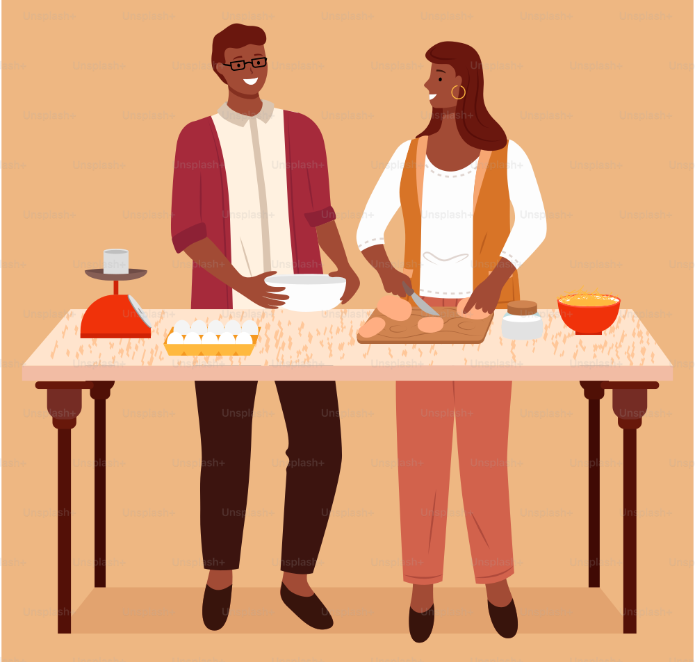Man and woman stand by table on kitchen. Kitchenware like weighing scale and products like eggs on desk. Couple or friends cooking together. Woman cutting potatoes by knife. Vector illustration