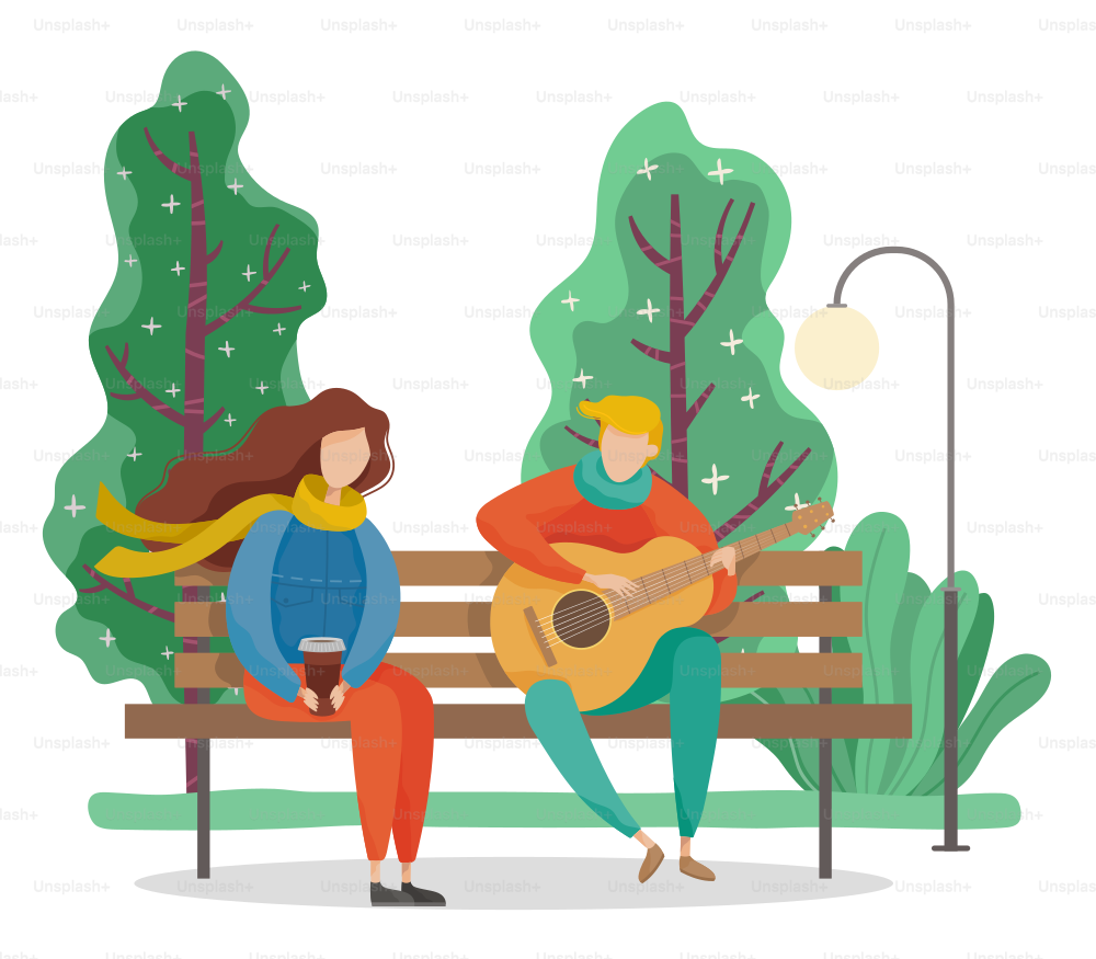 People sitting on wooden bench in park. Couple on date, man playing music on guitar. Girl holding paper cup with drink in hand. Beautiful landscape of lawn with trees. Vector illustration in flat