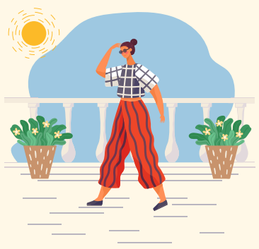 A woman in a plaid top and striped pants walking on a balcony
