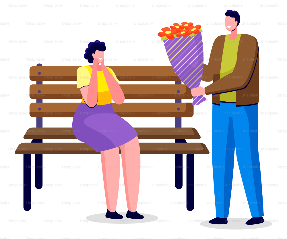 Man give bouquet to woman. People on date, romantic atmosphere of couple. Lady sitting on wooden bench in park and surprised to get flowers. Roses in colorful wrapper. Vector illustration in flat