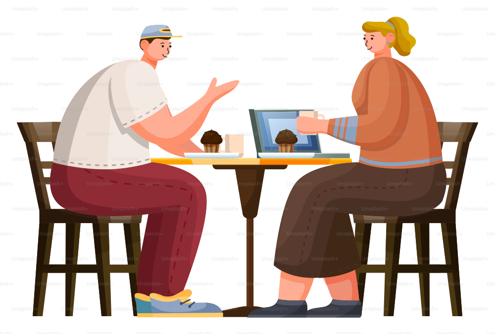 Due persone pranzano al bar. Uomo e donna siedono su sedie di legno e bevono caffè e mangiano muffin. Luogo accogliente per il relax e l'incontro con l'amico in caffetteria. Illustrazione vettoriale in stile piatto