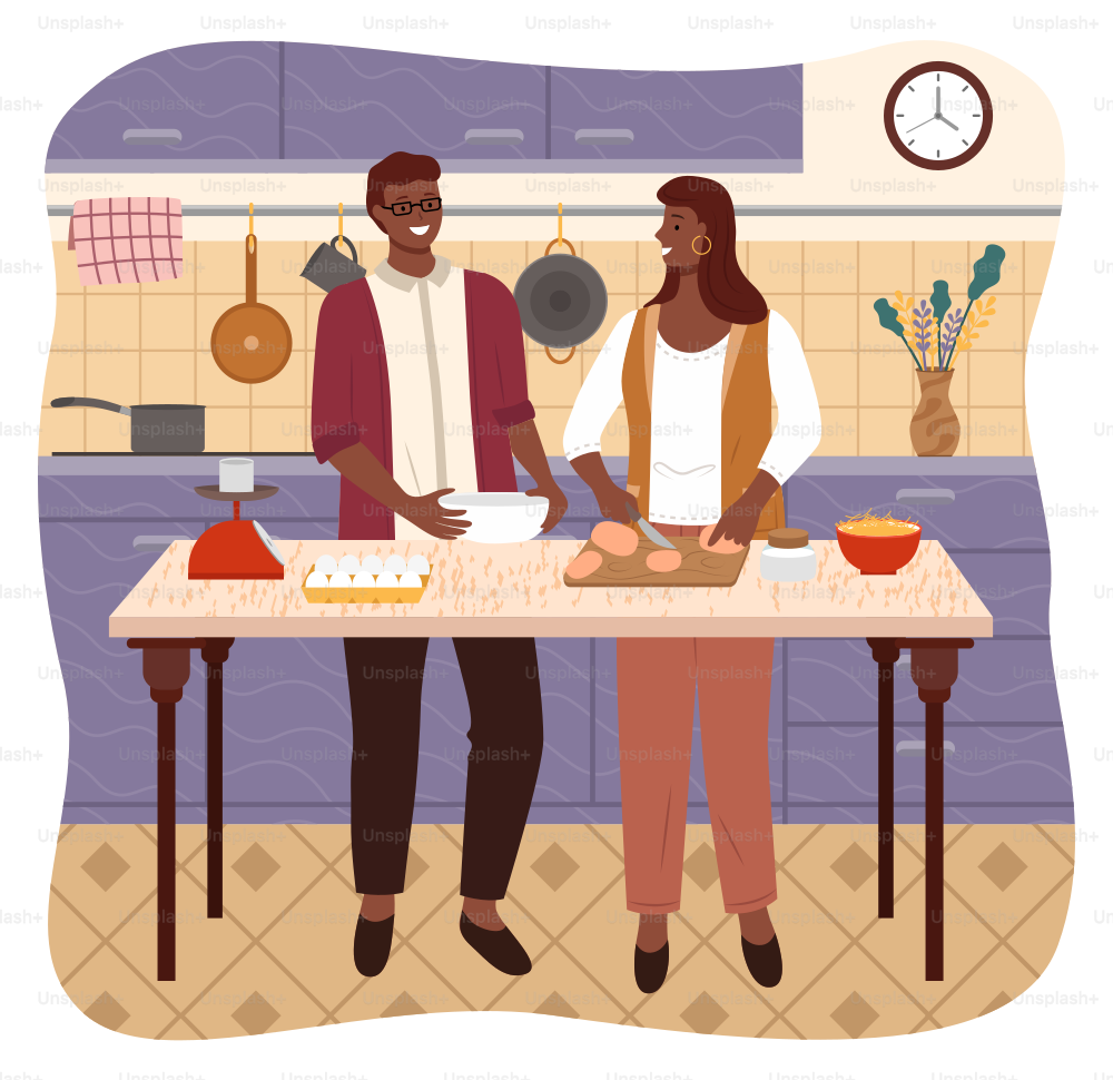 Man and woman cooking in kitchen, woman cutting bread using board and knife. Interior of room at home. Brother and sister making dinner for family. Partners in relationship preparing food vector